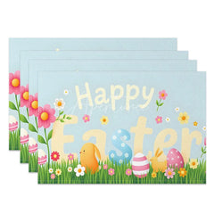 Aperturee - Aperturee Easter Set of 4 Placemats Pastel Happy Easter Text Spring Grass Chick Dining Table Mats
