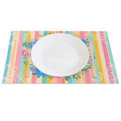 Aperturee - Aperturee Easter Set of 4 Placemats Pastel Vertical Stripes Bunny Floral Wreath Dining Table Mats