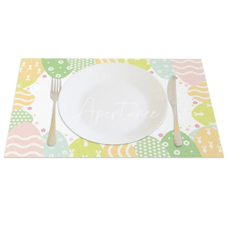 Aperturee - Aperturee Easter Set of 4 Placemats Pastel Wavy Scale Pattern Gold Happy Easter Bunny Dining Table Mats
