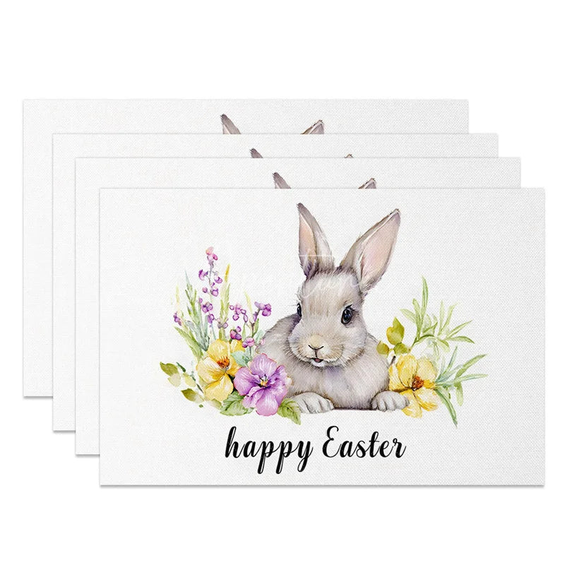 Aperturee - Aperturee Easter Set of 4 Placemats Peeking Bunny Purple Flowers Simple Happy Easter Dining Table Mats