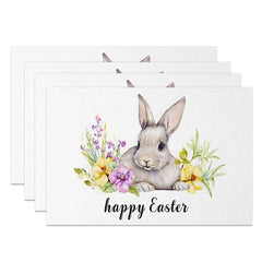 Aperturee - Aperturee Easter Set of 4 Placemats Peeking Bunny Purple Flowers Simple Happy Easter Dining Table Mats