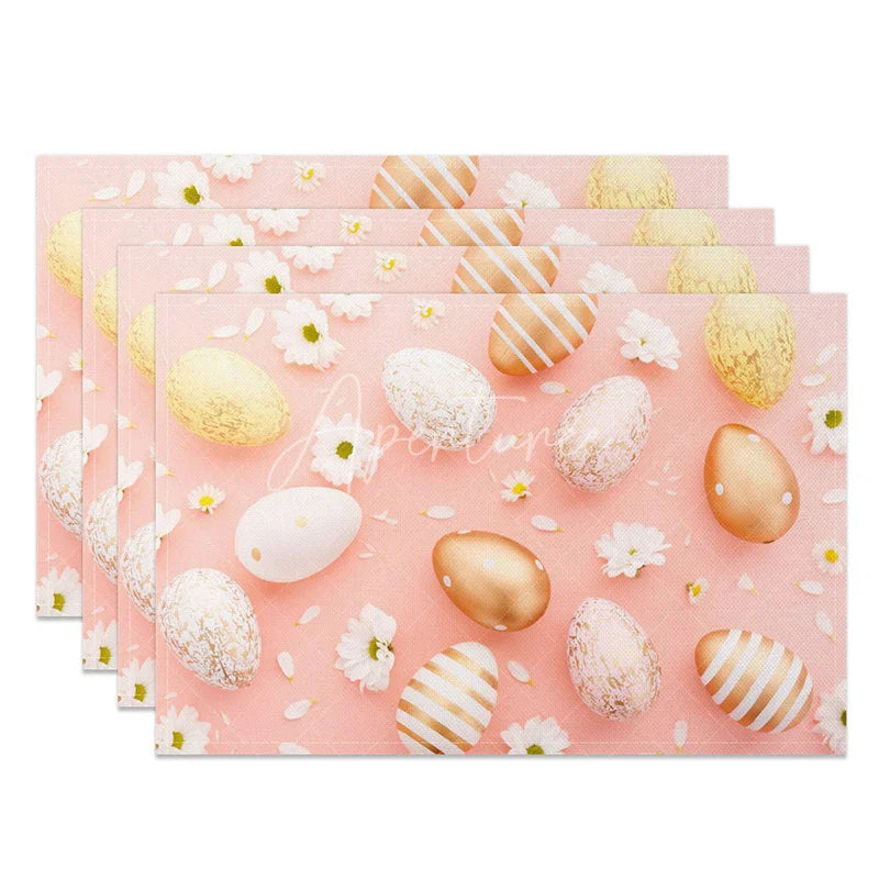 Aperturee - Aperturee Easter Set of 4 Placemats Pink Background Gold Eggs Luxury White Daisy Floral Dining Table Mats