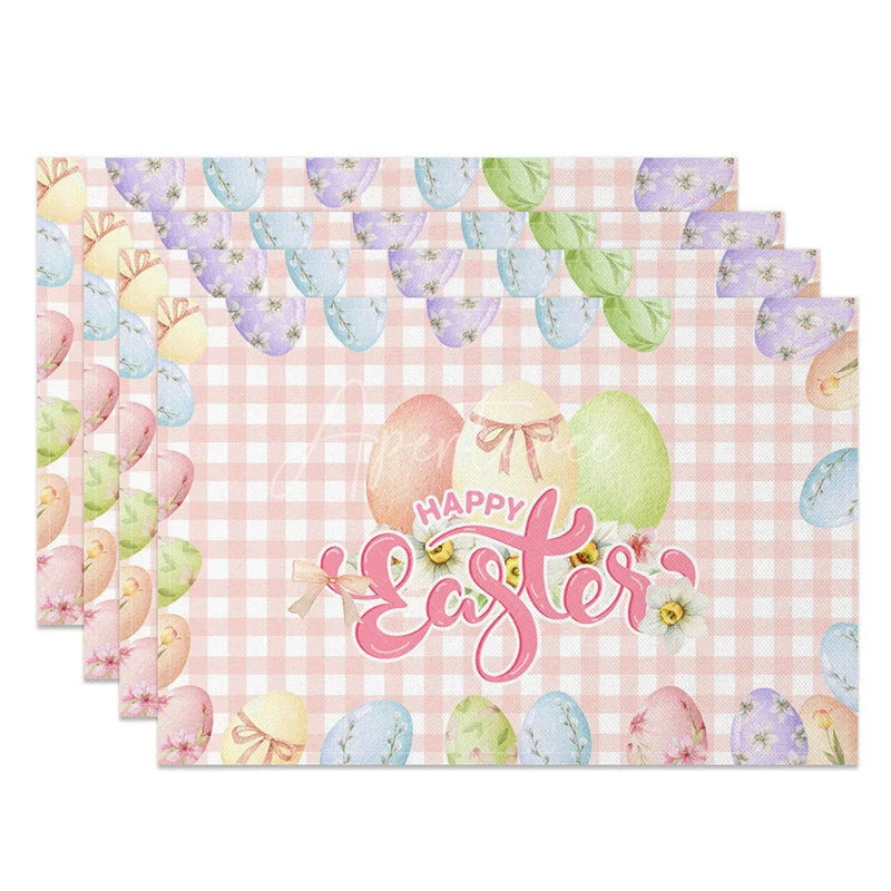 Aperturee - Aperturee Easter Set of 4 Placemats Pink Gingham Checkered Eggs Happy Easter Plaid Dining Table Mats