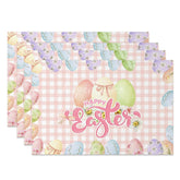Aperturee - Aperturee Easter Set of 4 Placemats Pink Gingham Checkered Eggs Happy Easter Plaid Dining Table Mats