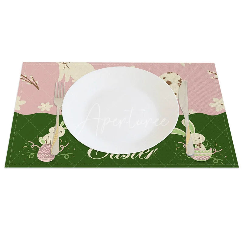 Aperturee - Aperturee Easter Set of 4 Placemats Pink Green Bunny Block Spring Happy Easter Dining Table Mats