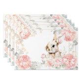Aperturee - Aperturee Easter Set of 4 Placemats Pink Peony Gold Frame Cute Bunny Flower Crown Dining Table Mats