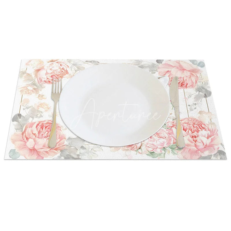 Aperturee - Aperturee Easter Set of 4 Placemats Pink Peony Gold Frame Cute Bunny Flower Crown Dining Table Mats