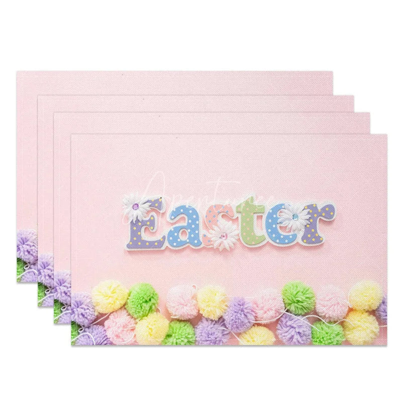 Aperturee - Aperturee Easter Set of 4 Placemats Pink Pom Pom Yarn Balls Cute Craft Text Dining Table Mats