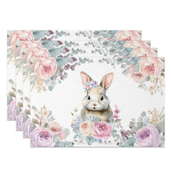 Aperturee - Aperturee Easter Set of 4 Placemats Purple Pink Floral Border Watercolor Bunny Spring Dining Table Mats