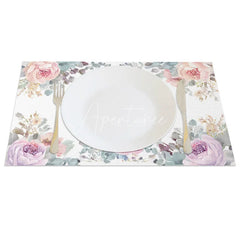 Aperturee - Aperturee Easter Set of 4 Placemats Purple Pink Floral Border Watercolor Bunny Spring Dining Table Mats