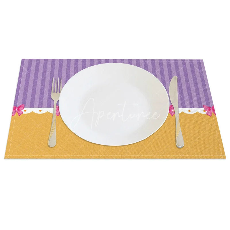 Aperturee - Aperturee Easter Set of 4 Placemats Purple Stripes Gold Bottom White Bunny Oval Frame Bows Dining Table Mats