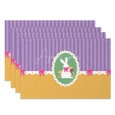 Aperturee - Aperturee Easter Set of 4 Placemats Purple Stripes Gold Bottom White Bunny Oval Frame Bows Dining Table Mats