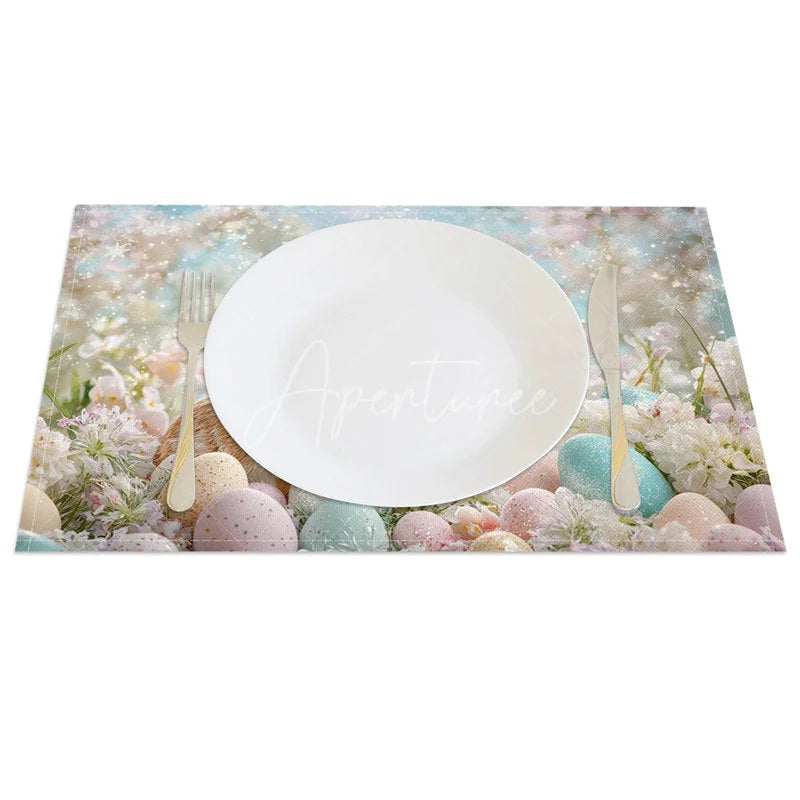 Aperturee - Aperturee Easter Set of 4 Placemats Realistic Brown Bunny Eggs Dreamy Blue Spring Floral Dining Table Mats