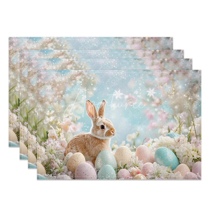 Aperturee - Aperturee Easter Set of 4 Placemats Realistic Brown Bunny Eggs Dreamy Blue Spring Floral Dining Table Mats