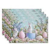 Aperturee - Aperturee Easter Set of 4 Placemats Realistic Bunnies Pastel Eggs Spring Wildflower Blue Photography Dining Table Mats