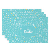 Aperturee - Aperturee Easter Set of 4 Placemats Teal Blue White Line Art Happy Easter Bunny Floral Pattern Dining Table Mats