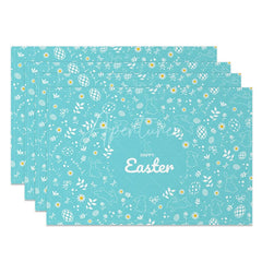 Aperturee - Aperturee Easter Set of 4 Placemats Teal Blue White Line Art Happy Easter Bunny Floral Pattern Dining Table Mats