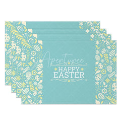 Aperturee - Aperturee Easter Set of 4 Placemats Teal Floral Silhouette Vintage Pattern Happy Easter Dining Table Mats