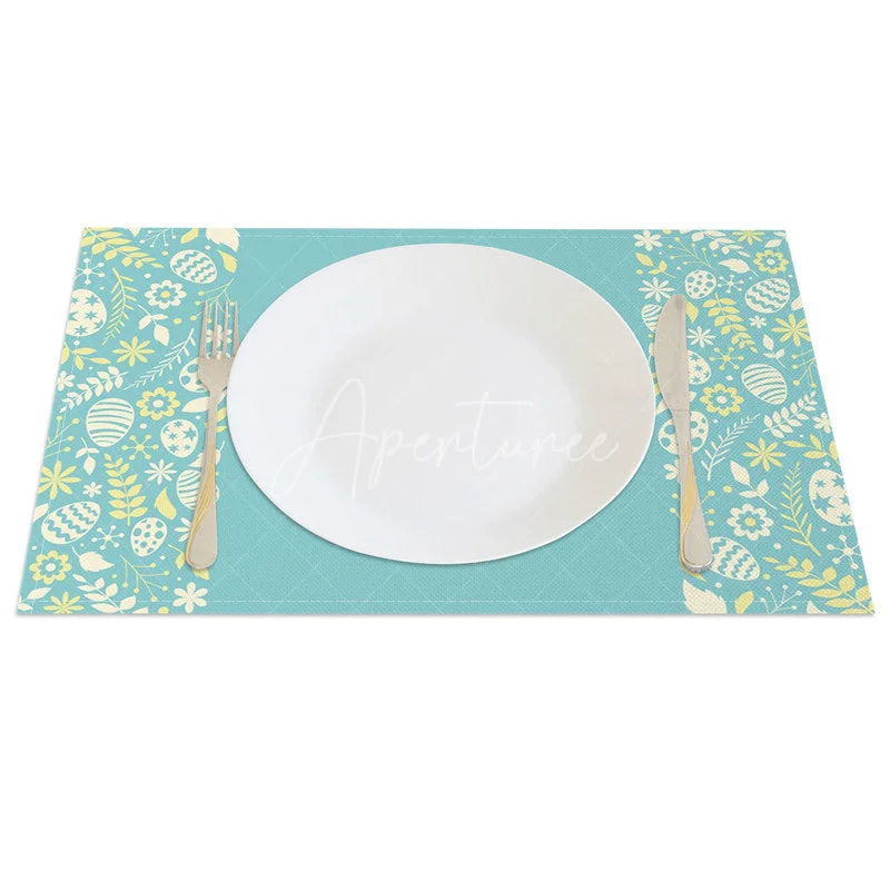 Aperturee - Aperturee Easter Set of 4 Placemats Teal Floral Silhouette Vintage Pattern Happy Easter Dining Table Mats