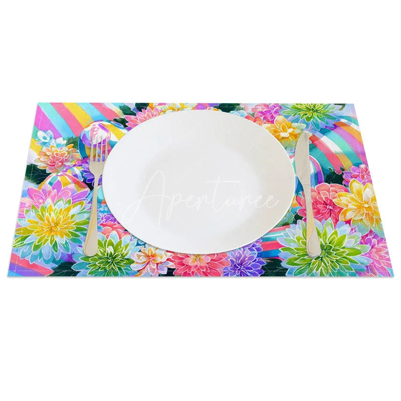 Aperturee - Aperturee Easter Set of 4 Placemats Vibrant Colorful Flowers Bunny Rainbow Striped Eggs Spring Dining Table Mats