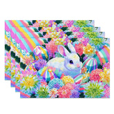 Aperturee - Aperturee Easter Set of 4 Placemats Vibrant Colorful Flowers Bunny Rainbow Striped Eggs Spring Dining Table Mats