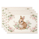 Aperturee - Aperturee Easter Set of 4 Placemats Vintage Pink Rose Border Brown Bunny Classic Dining Table Mats