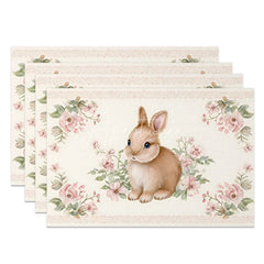 Aperturee - Aperturee Easter Set of 4 Placemats Vintage Pink Rose Border Brown Bunny Classic Dining Table Mats
