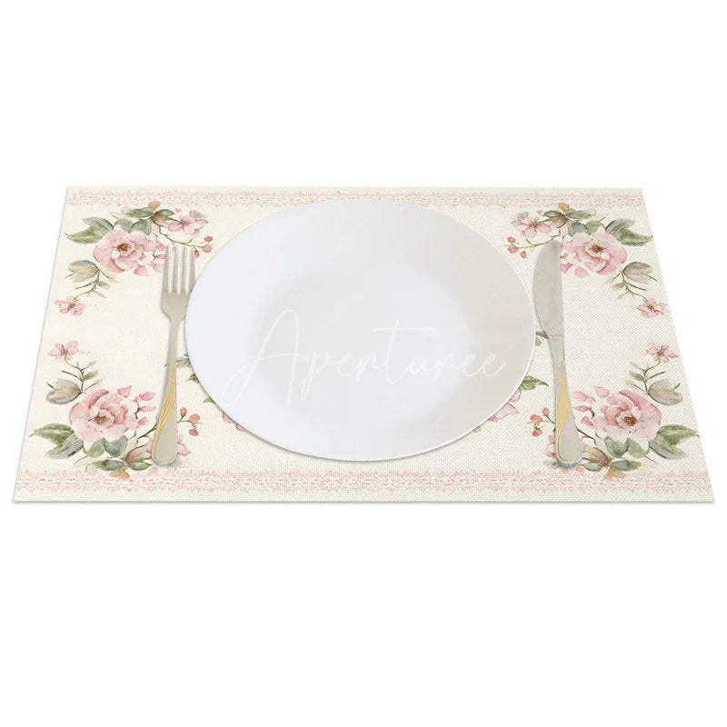 Aperturee - Aperturee Easter Set of 4 Placemats Vintage Pink Rose Border Brown Bunny Classic Dining Table Mats