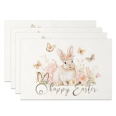 Aperturee - Aperturee Easter Set of 4 Placemats Watercolor Bunny Flower Crown Happy Easter Butterfly Table Mats