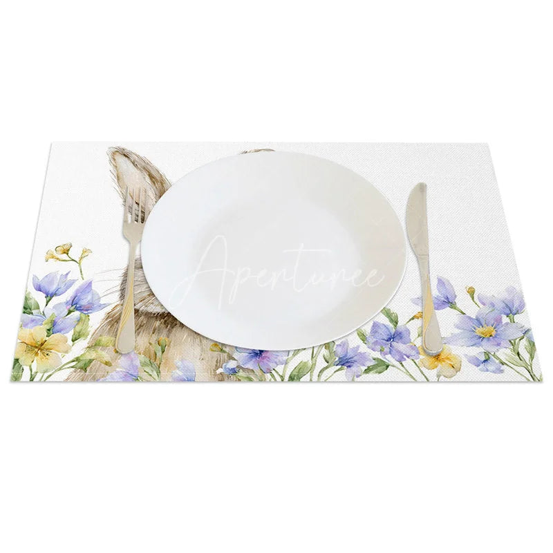 Aperturee - Aperturee Easter Set of 4 Placemats Watercolor Bunny Portrait Spring Wildflower Garden Dining Table Mats