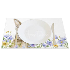 Aperturee - Aperturee Easter Set of 4 Placemats Watercolor Bunny Portrait Spring Wildflower Garden Dining Table Mats
