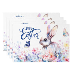 Aperturee - Aperturee Easter Set of 4 Placemats Watercolor Rabbit Profile Blue Happy Easter Wildflower Table Mats