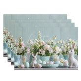Aperturee - Aperturee Easter Set of 4 Placemats White Ceramic Bunnies Pastel Eggs Floral Blue Wood Spring Table Mats