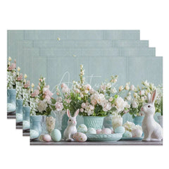 Aperturee - Aperturee Easter Set of 4 Placemats White Ceramic Bunnies Pastel Eggs Floral Blue Wood Spring Table Mats