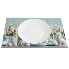Aperturee - Aperturee Easter Set of 4 Placemats White Ceramic Bunnies Pastel Eggs Floral Blue Wood Spring Table Mats