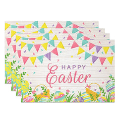 Aperturee - Aperturee Easter Set of 4 Placemats Wood Texture Bunting Flags Happy Easter Eggs Grass Dining Table Mats