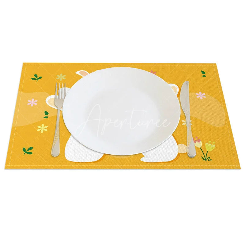 Aperturee - Aperturee Easter Set of 4 Placemats Yellow Background Cute Bunnies Happy Easter Carrot Egg Dining Table Mats