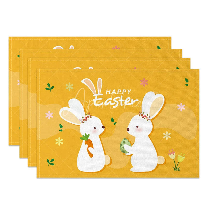 Aperturee - Aperturee Easter Set of 4 Placemats Yellow Background Cute Bunnies Happy Easter Carrot Egg Dining Table Mats