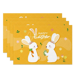 Aperturee - Aperturee Easter Set of 4 Placemats Yellow Background Cute Bunnies Happy Easter Carrot Egg Dining Table Mats