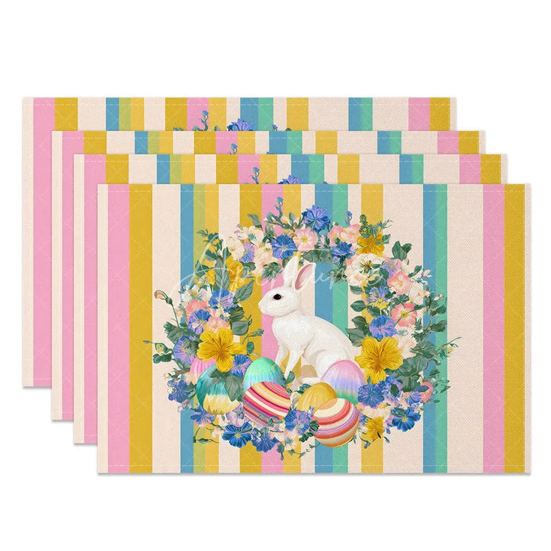 Aperturee - Aperturee Easter Set of 4 Placemats Yellow Blue Pink Stripes White Rabbit Wreath Dining Table Mats