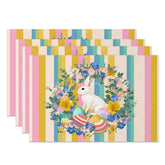 Aperturee - Aperturee Easter Set of 4 Placemats Yellow Blue Pink Stripes White Rabbit Wreath Dining Table Mats
