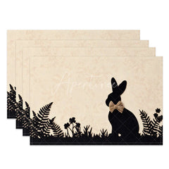 Aperturee - Aperturee Easter Silhouette Rabbit Set of 4 Placemats Beige Texture Black Fern Bunny Table Mats for Spring