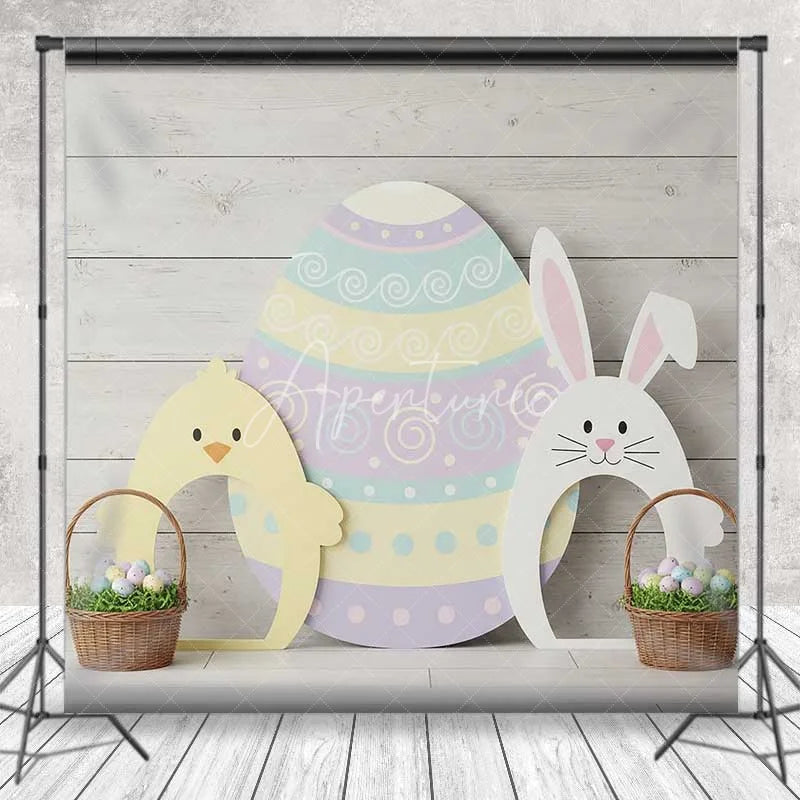 Aperturee - Aperturee Easter Wood Backdrop Bunny Chick Egg Cutouts Background Spring Rustic Floor Kids Portrait Photography Studio Prop