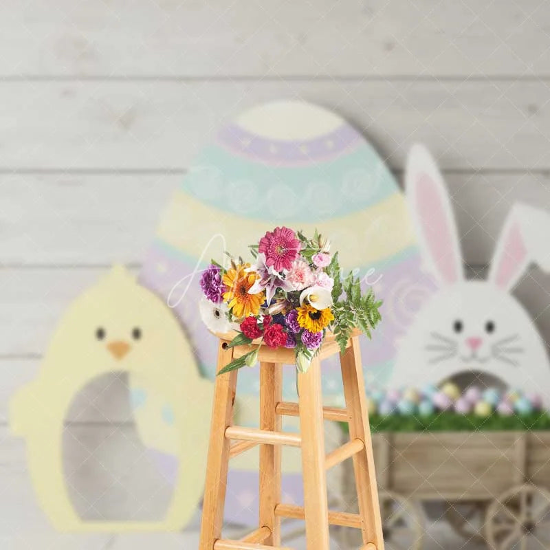 Aperturee - Aperturee Easter Wooden Wagon Backdrop Spring Bunny Chick Background Rustic Egg Cart Kids Birthday Party Photography Prop