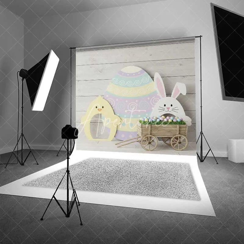 Aperturee - Aperturee Easter Wooden Wagon Backdrop Spring Bunny Chick Background Rustic Egg Cart Kids Birthday Party Photography Prop