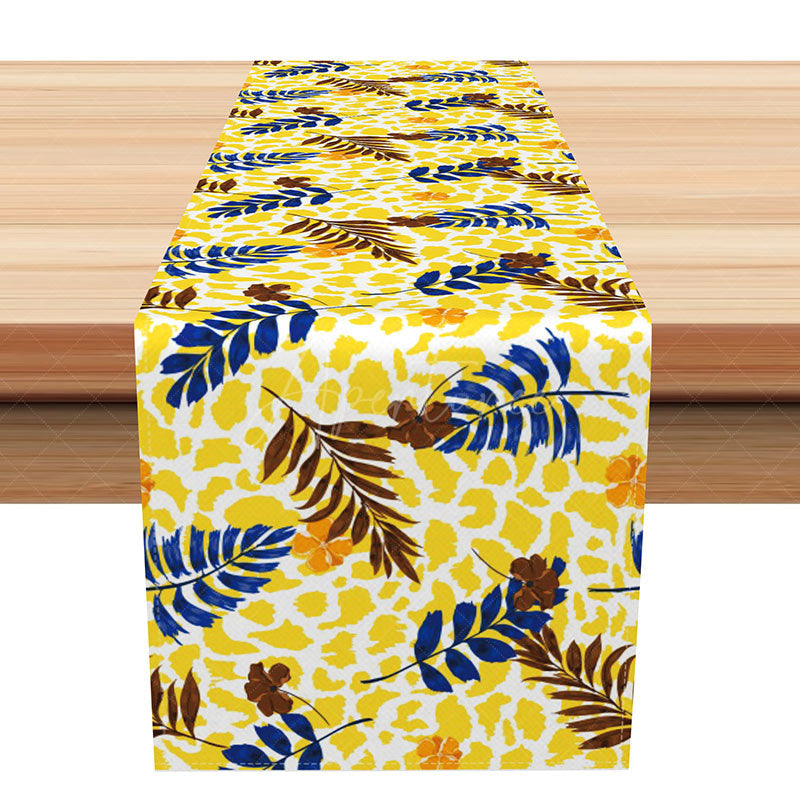 Aperturee - Aperturee Eclectic Modern Table Runner with Leopard Print Planets and Leaves for Maximalist Dining Room Decor