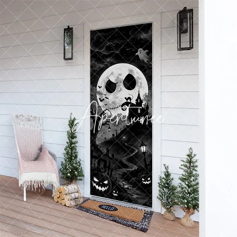Aperturee - Aperturee Eerie Black and White Spooky Moon Haunted House Halloween Door Cover Graveyard and Jack-o’-Lanterns Decor