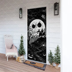 Aperturee - Aperturee Eerie Black and White Spooky Moon Haunted House Halloween Door Cover Graveyard and Jack-o’-Lanterns Decor