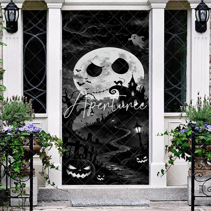 Aperturee - Aperturee Eerie Black and White Spooky Moon Haunted House Halloween Door Cover Graveyard and Jack-o’-Lanterns Decor