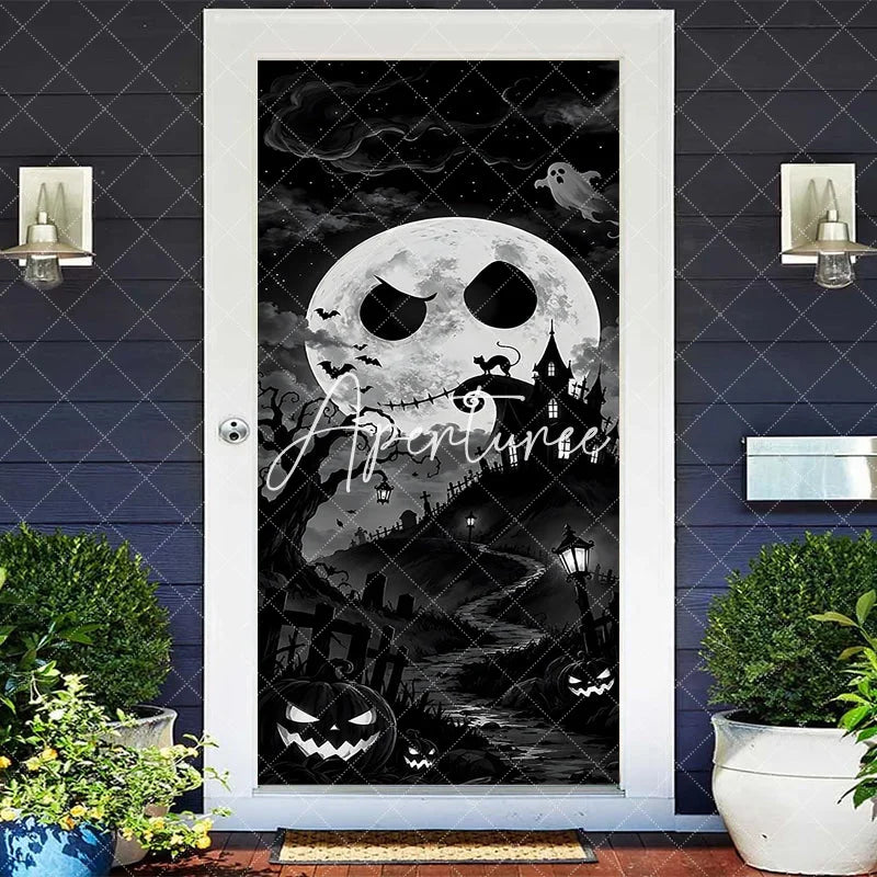 Aperturee - Aperturee Eerie Black and White Spooky Moon Haunted House Halloween Door Cover Graveyard and Jack-o’-Lanterns Decor